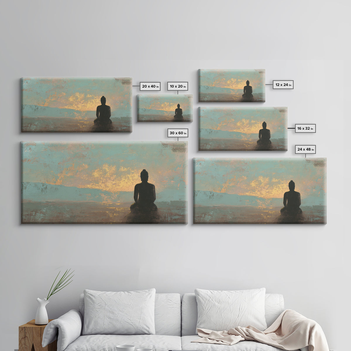 Buddha Silhouette Surrounded by Warm Light Framed Canvas Print, Meditation Art, Boho Wall Decor, Living Room Decor, Stillness, MED-2x1-3