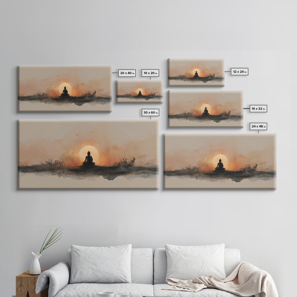 Buddha Silhouette Surrounded by Warm Light Canvas Print, Meditation Art, Gallery Wall Art, Living Room Decor, Stillness, MED-2x1-51