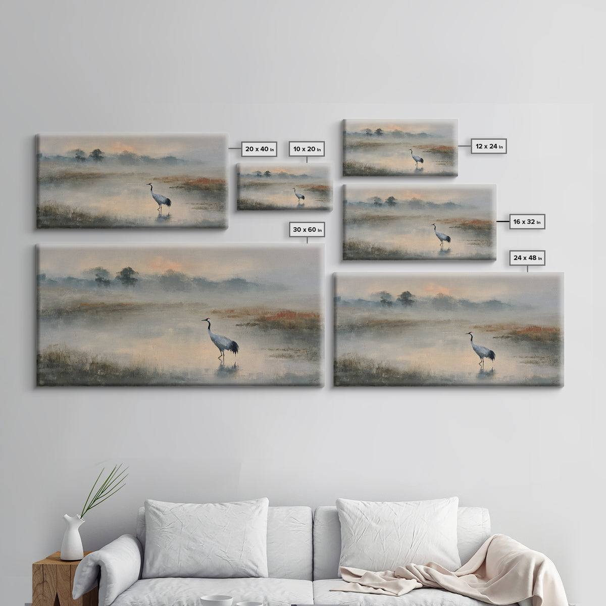White Crane in Quiet Morning Mist Framed Canvas Print, Meditation Art, Canvas Art, Living Room Decor, Oil Painting, Stillness, MED-2x1-60