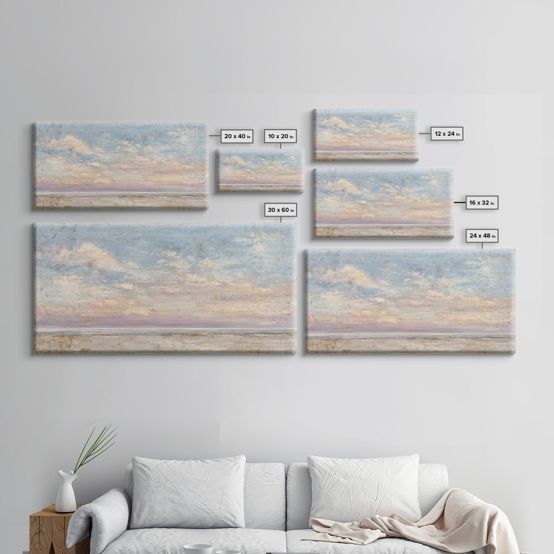Gentle Cloudscape in Lavender and Cream Framed Canvas Print, Meditation Art, Buddha Wall Art, Living Room Decor, Stillness, MED-2x1-87