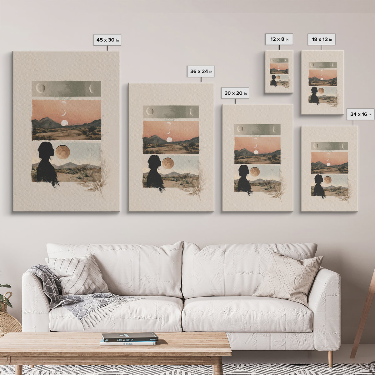 Moon Phases over a Quiet Desert Framed Canvas Print, Meditation Art, Modern Wall Art, Living Room Decor, Fine Art, Stillness, MED-2x3-17