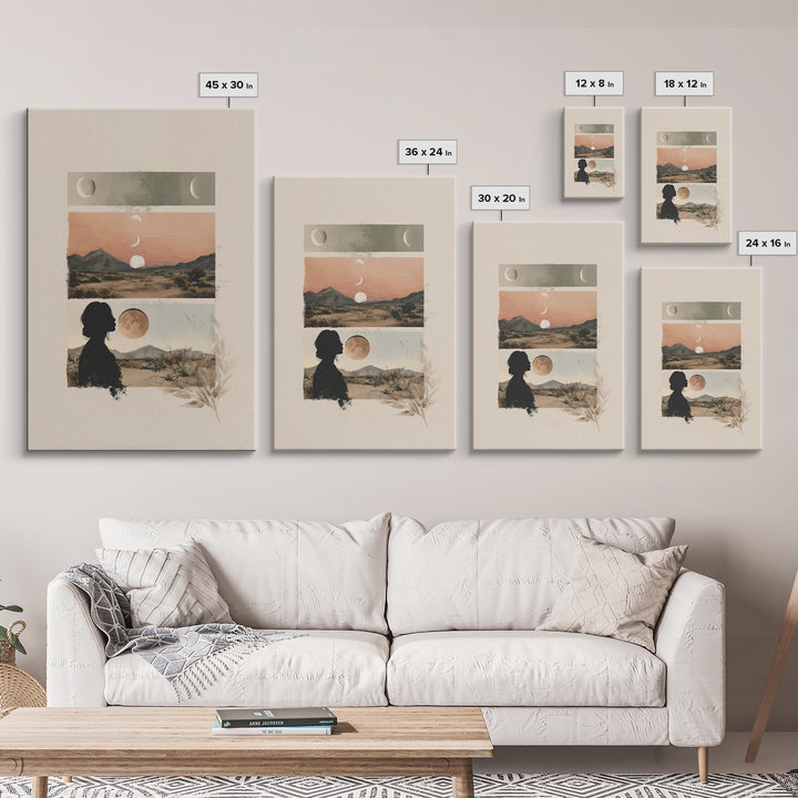 Moon Phases over a Quiet Desert Framed Canvas Print, Meditation Art, Modern Wall Art, Living Room Decor, Fine Art, Stillness, MED-2x3-17