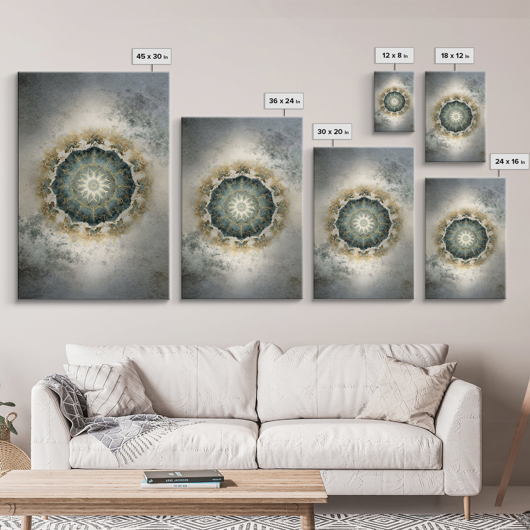 Mandala with Soft Gold and Indigo Symmetry Framed Canvas Print, Meditation Art, Original Art, Living Room Decor, Stillness, MED-2x3-34