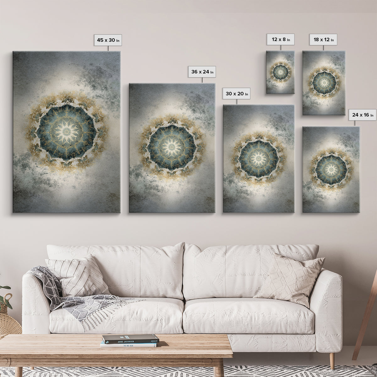 Mandala with Soft Gold and Indigo Symmetry Framed Canvas Print, Meditation Art, Original Art, Living Room Decor, Stillness, MED-2x3-34