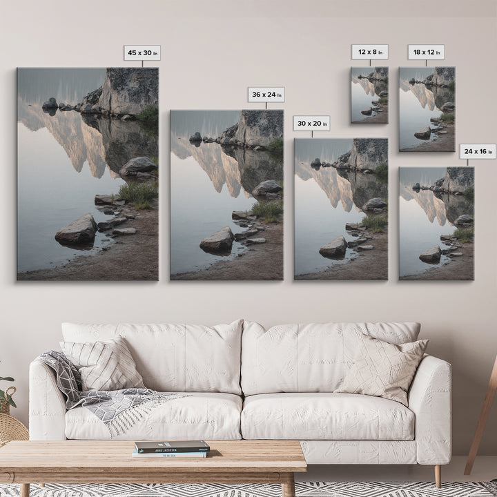 Mountain Lake at Sunrise Framed Canvas Print, Meditation Art, Boho Wall Art, Living Room Decor, Watercolor Art, Stillness, MED-2x3-37