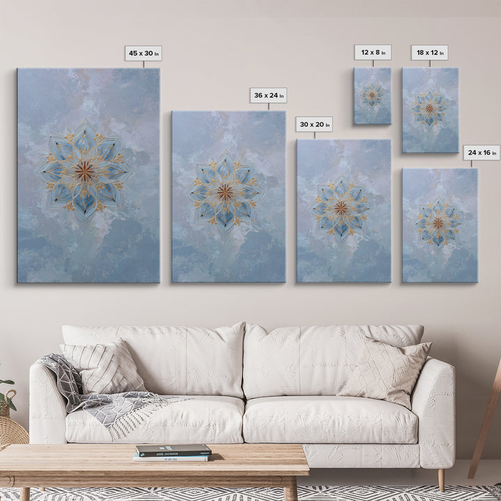 Mandala with Soft Gold and Indigo Symmetry Canvas Print, Meditation Art, Boho Wall Art, Living Room Decor, Fine Art, Stillness, MED-2x3-82