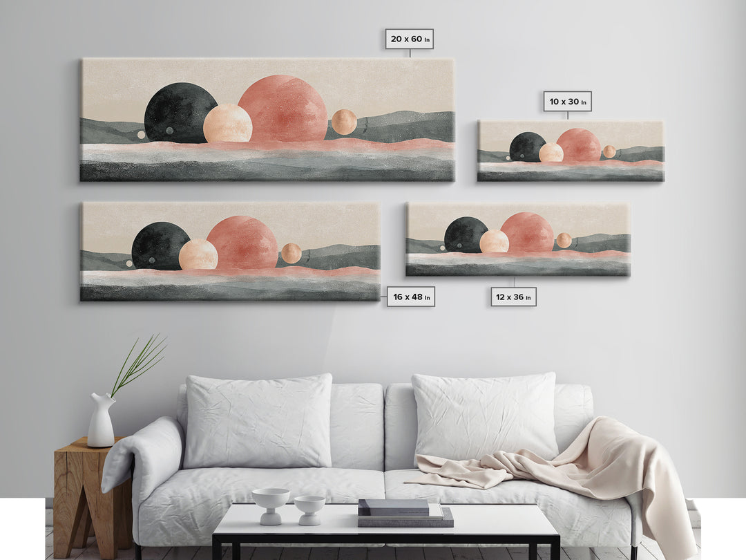 Moon Phases over a Quiet Desert Framed Canvas Print, Meditation Art, Living Room Decor, Watercolor Art, Stillness, MED-3x1-1