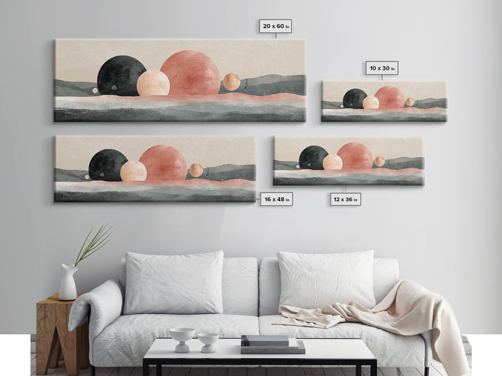 Moon Phases over a Quiet Desert Framed Canvas Print, Meditation Art, Living Room Decor, Watercolor Art, Stillness, MED-3x1-1