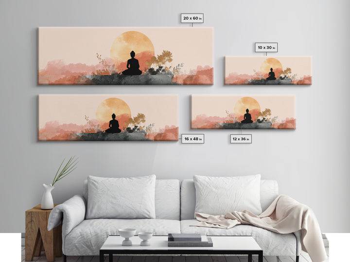 Buddha Silhouette Surrounded by Warm Light Framed Canvas Print, Meditation Art, Art Print, Living Room Decor, Stillness, MED-3x1-23