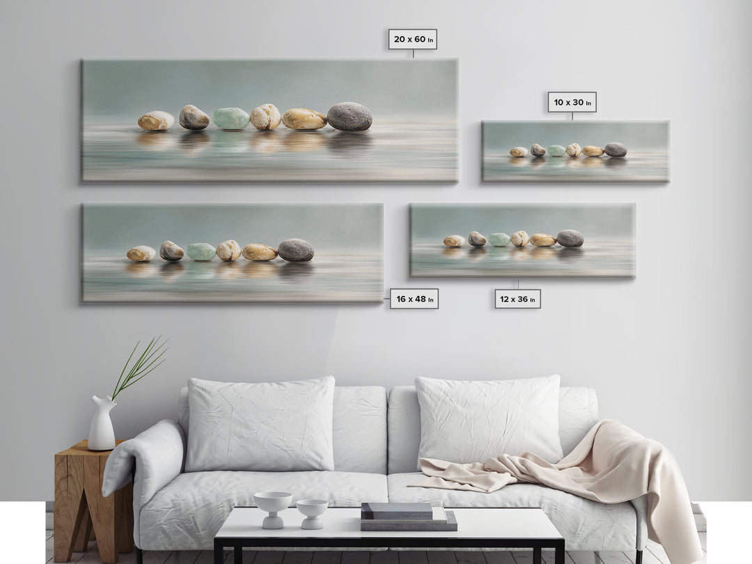 Floating Stones Balanced Above Calm Water Canvas Print, Meditation Art, Printable Artwork, Living Room Decor, Stillness, MED-3x1-24
