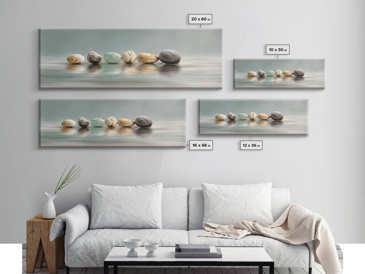 Floating Stones Balanced Above Calm Water Canvas Print, Meditation Art, Printable Artwork, Living Room Decor, Stillness, MED-3x1-24