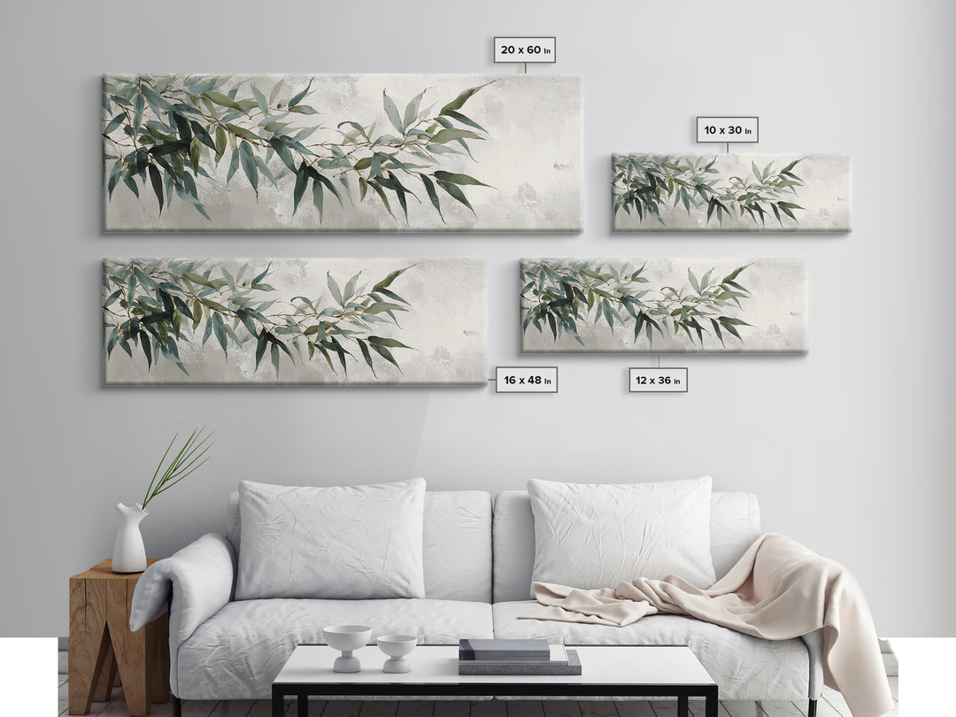 Bamboo Leaves in Gentle Ink Wash Framed Canvas Print, Meditation Art, Room Decor, Living Room Decor, Fine Art, Stillness, MED-3x1-27