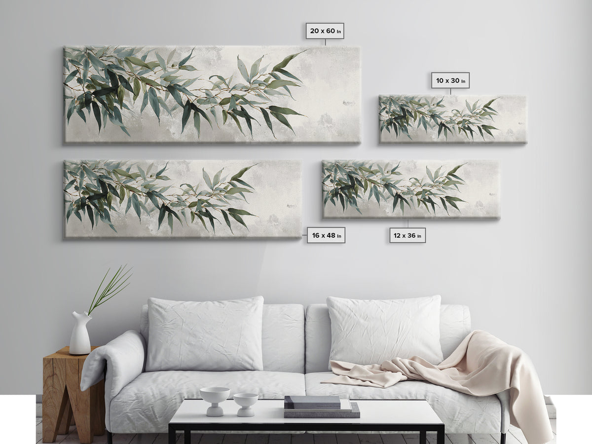 Bamboo Leaves in Gentle Ink Wash Framed Canvas Print, Meditation Art, Room Decor, Living Room Decor, Fine Art, Stillness, MED-3x1-27