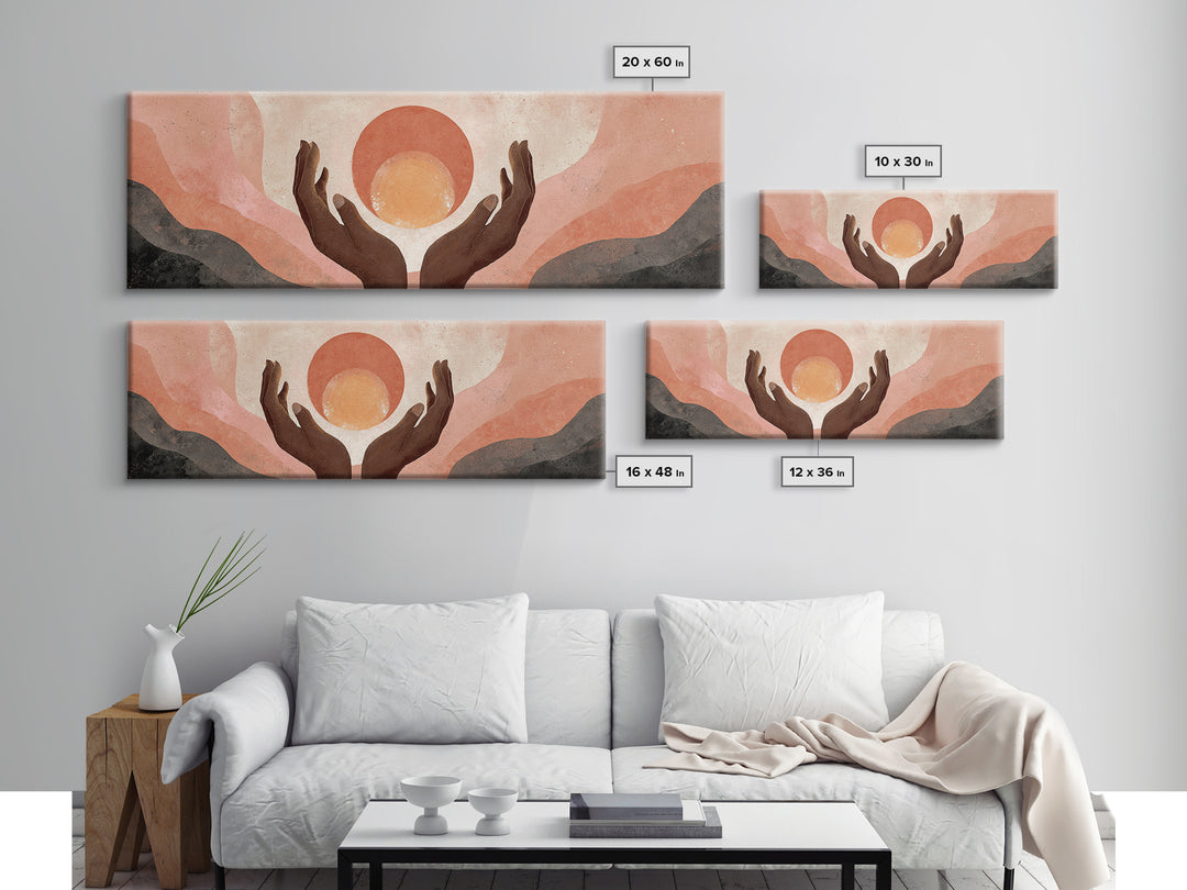 Hands Holding a Tiny Glowing Sun Canvas Print, Meditation Art, Spiritual Wall Art, Living Room Decor, Watercolor Art, Stillness, MED-3x1-4