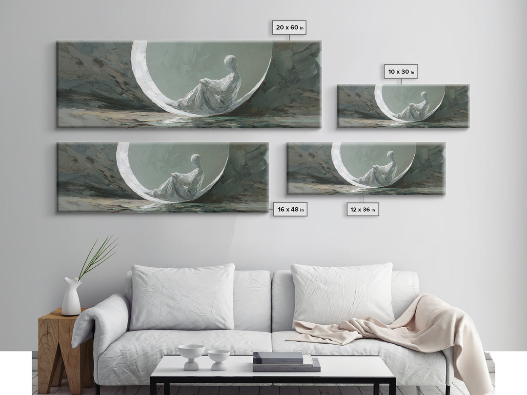 Single Seated Figure Beneath a Crescent Moon Canvas Print, Meditation Art, Abstract Art, Living Room Decor, Fine Art, Stillness, MED-3x1-43