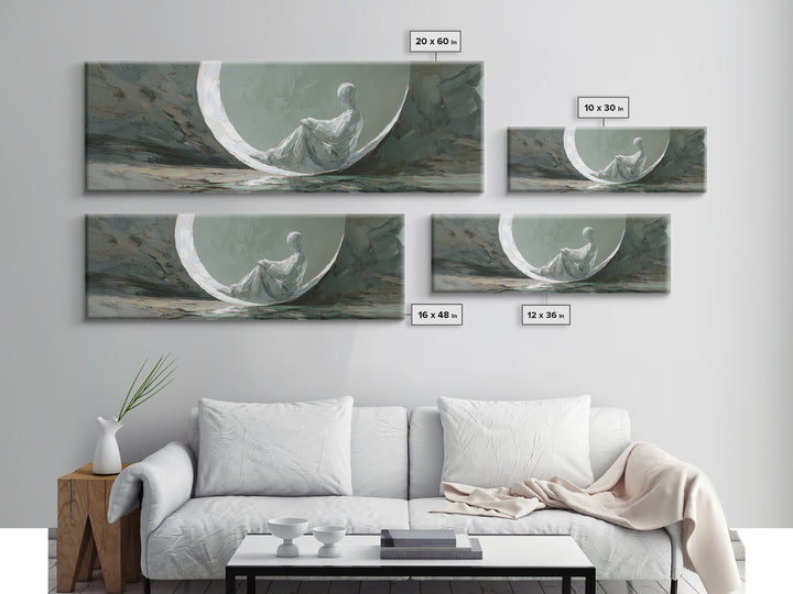 Single Seated Figure Beneath a Crescent Moon Canvas Print, Meditation Art, Abstract Art, Living Room Decor, Fine Art, Stillness, MED-3x1-43