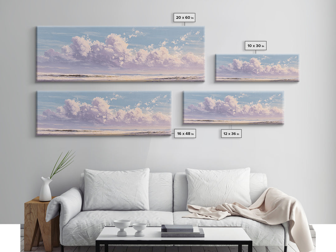 Gentle Cloudscape in Lavender and Cream Framed Canvas Print, Meditation Art, Art Deco, Living Room Decor, Fine Art, Stillness, MED-3x1-59