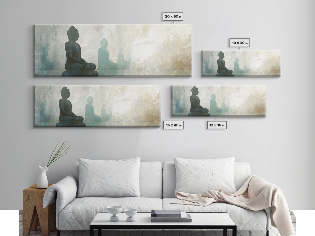 Buddha Silhouette Surrounded by Warm Light Canvas Print, Meditation Art, Boho Wall Decor, Living Room Decor, Stillness, MED-3x1-71