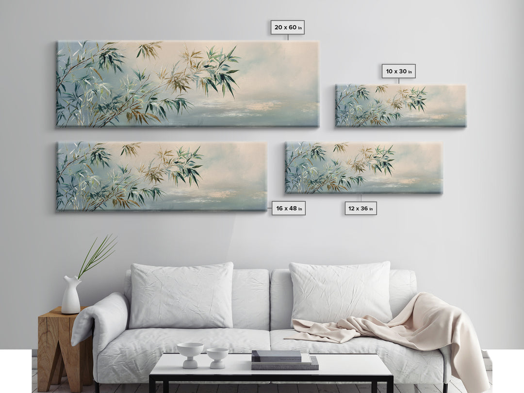 Bamboo Leaves in Gentle Ink Wash Canvas Print, Meditation Art, Floral Wall Art, Living Room Decor, Fine Art, Stillness, MED-3x1-75