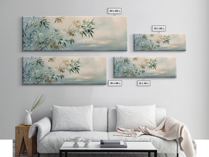 Bamboo Leaves in Gentle Ink Wash Canvas Print, Meditation Art, Floral Wall Art, Living Room Decor, Fine Art, Stillness, MED-3x1-75