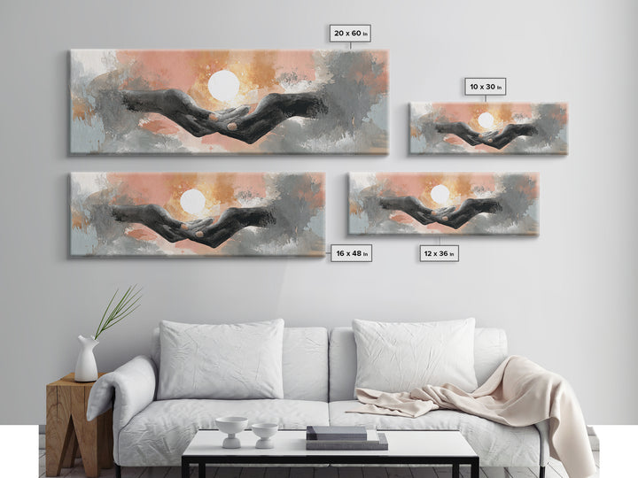 Hands Holding a Tiny Glowing Sun Canvas Print, Meditation Art, Digital Wall Art, Living Room Decor, Fine Art, Stillness, MED-3x1-76