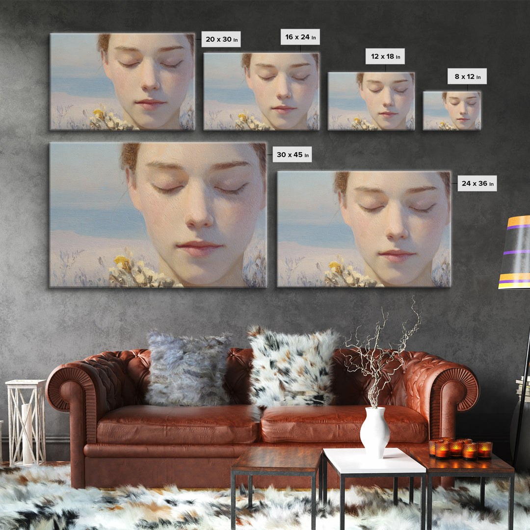 Calm Face Portrait Framed Canvas Print, Meditation Art, Contemporary Art, Living Room Decor, Fine Art, Stillness, Modern Decor, MED-3x2-28