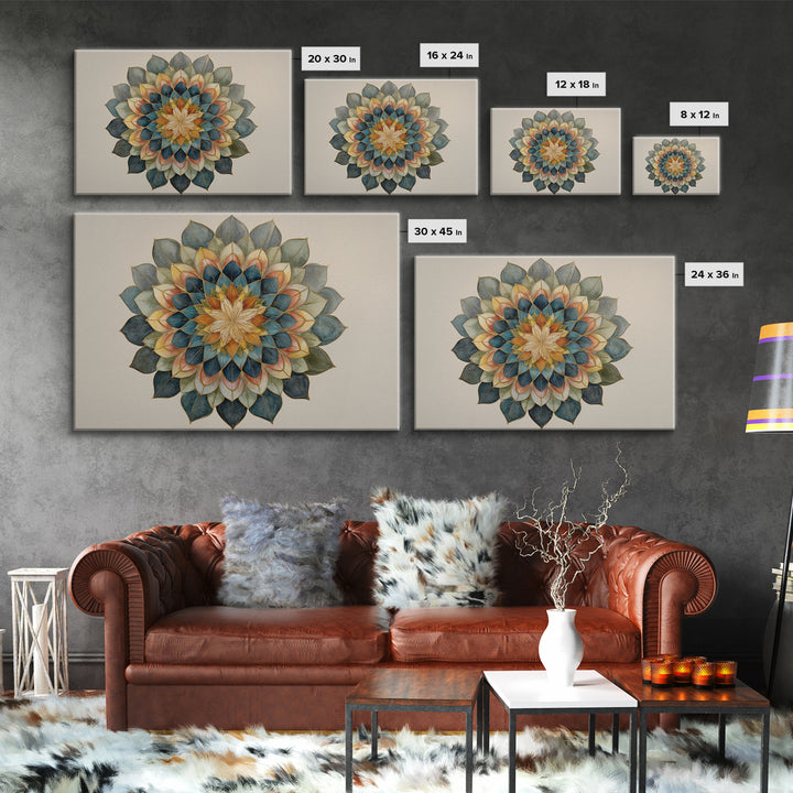 Mandala with Soft Gold and Indigo Symmetry Canvas Print, Meditation Art, Zen Wall Art, Living Room Decor, Fine Art, Stillness, MED-3x2-30