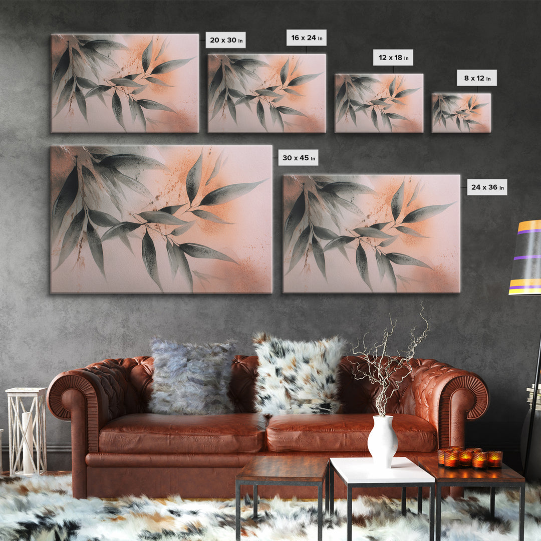 Bamboo Leaves in Gentle Ink Wash Framed Canvas Print, Meditation Art, Minimalist Decor, Living Room Decor, Fine Art, Stillness, MED-3x2-39