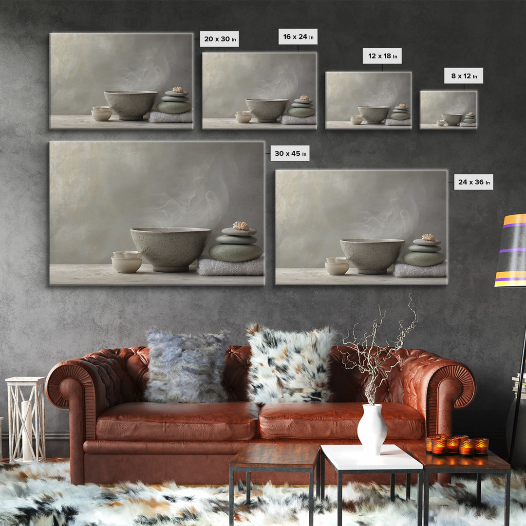 Tea Bowl and Steam Canvas Print, Meditation Art, Neutral Decor, Living Room Decor, Fine Art, Stillness, Home Decor, Wall Decor, MED-3x2-49