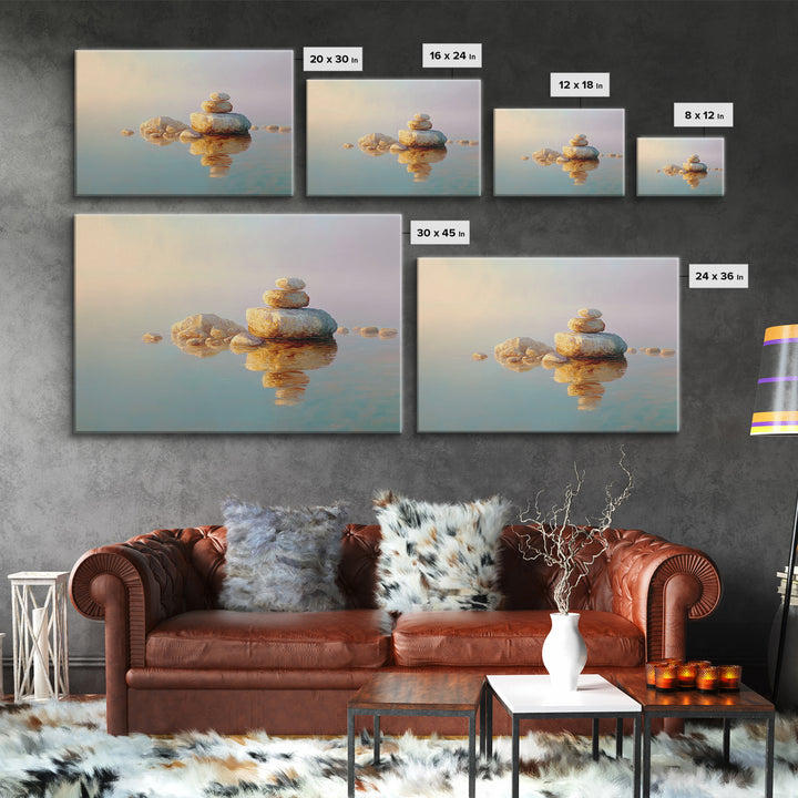 Floating Stones Balanced Above Calm Water Framed Canvas Print, Meditation Art, Room Decor, Living Room Decor, Stillness, MED-3x2-60