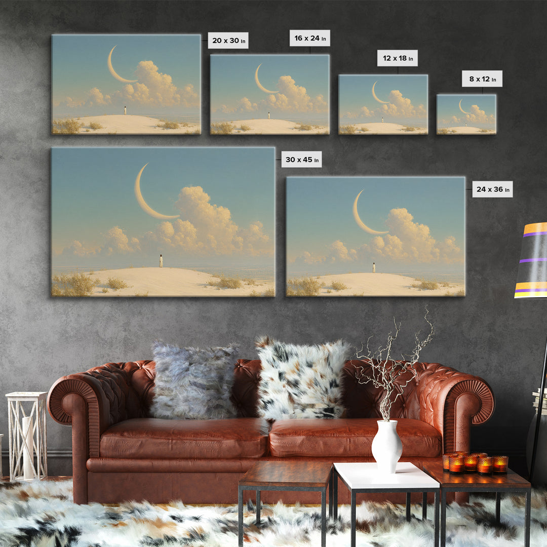Single Seated Figure Beneath a Crescent Moon Canvas Print, Meditation Art, Modern Wall Art, Living Room Decor, Stillness, MED-3x2-7
