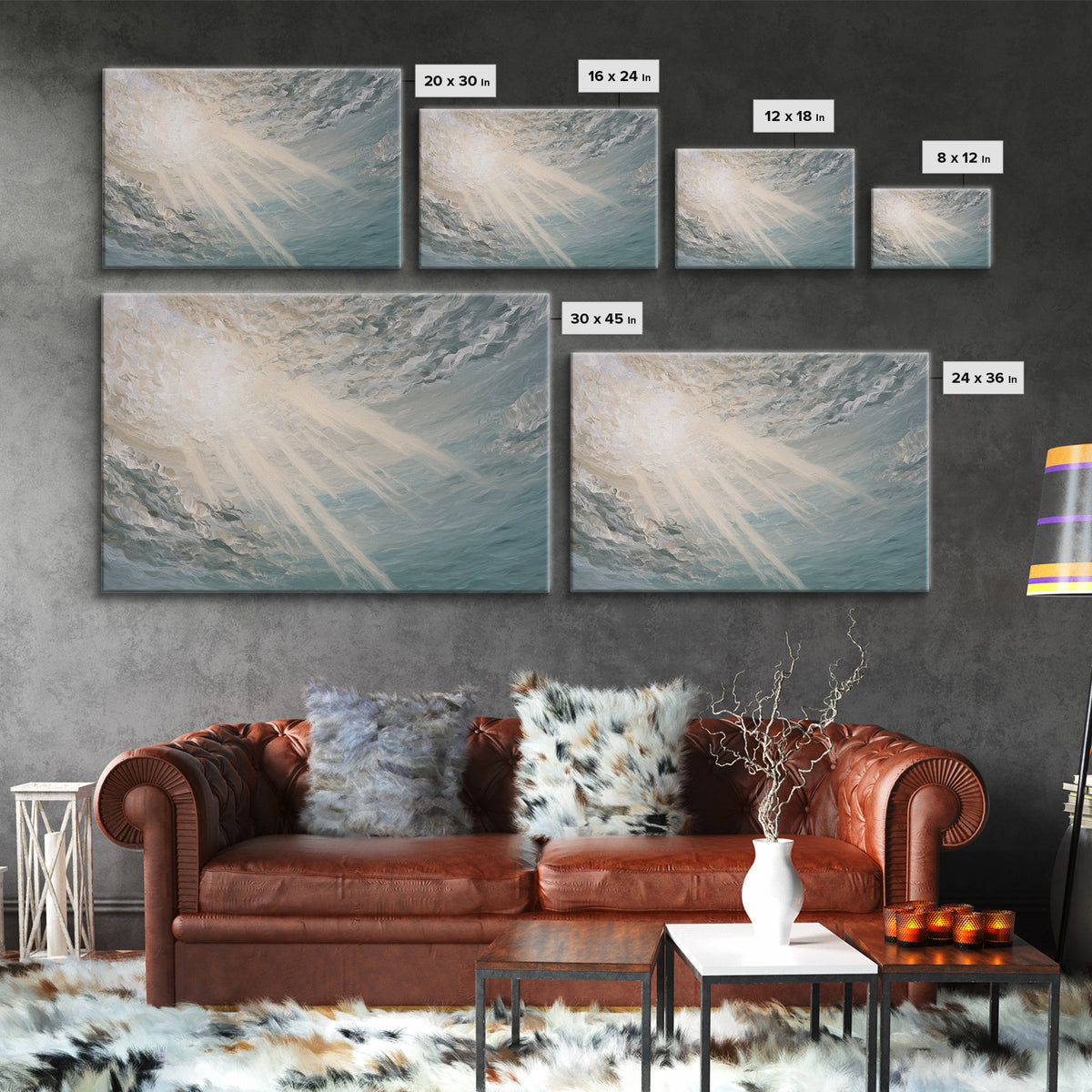 Angelic Light Rays Through Abstract Clouds Framed Canvas Print, Meditation Art, Minimalist Art, Living Room Decor, Stillness, MED-3x2-74