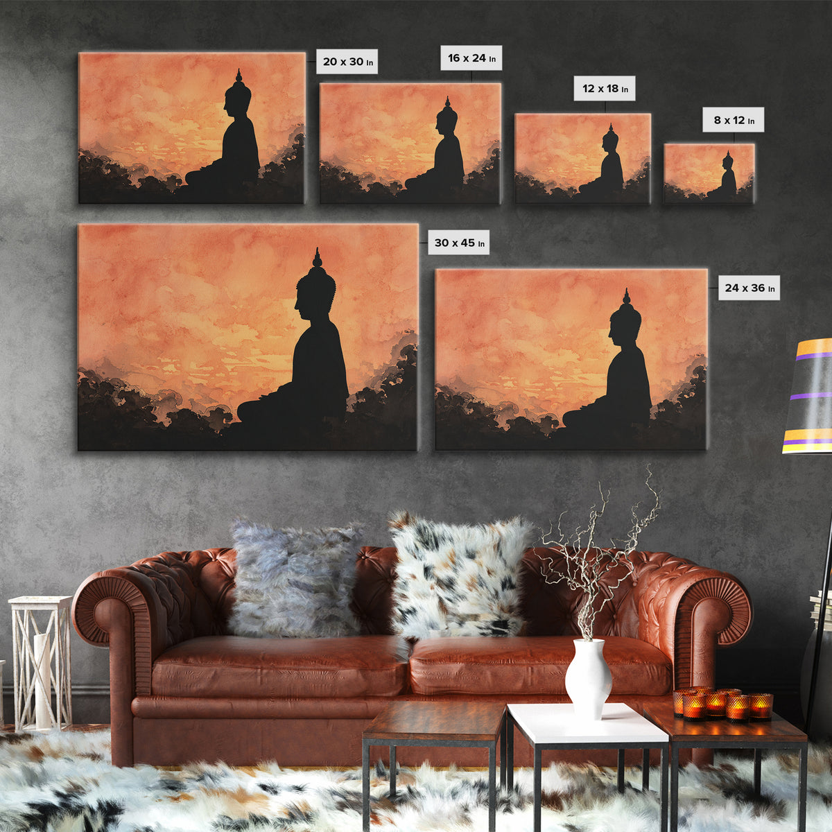 Buddha Silhouette Surrounded by Warm Light Canvas Print, Meditation Art, Boho Wall Decor, Living Room Decor, Stillness, MED-3x2-83