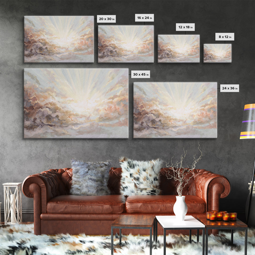 Angelic Light Rays Through Abstract Clouds Canvas Print, Meditation Art, Yoga Wall Art, Living Room Decor, Fine Art, Stillness, MED-3x2-98