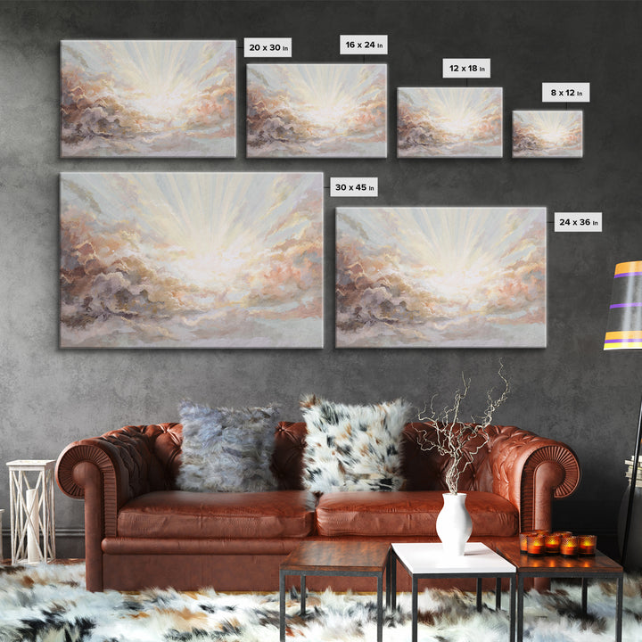 Angelic Light Rays Through Abstract Clouds Canvas Print, Meditation Art, Yoga Wall Art, Living Room Decor, Fine Art, Stillness, MED-3x2-98