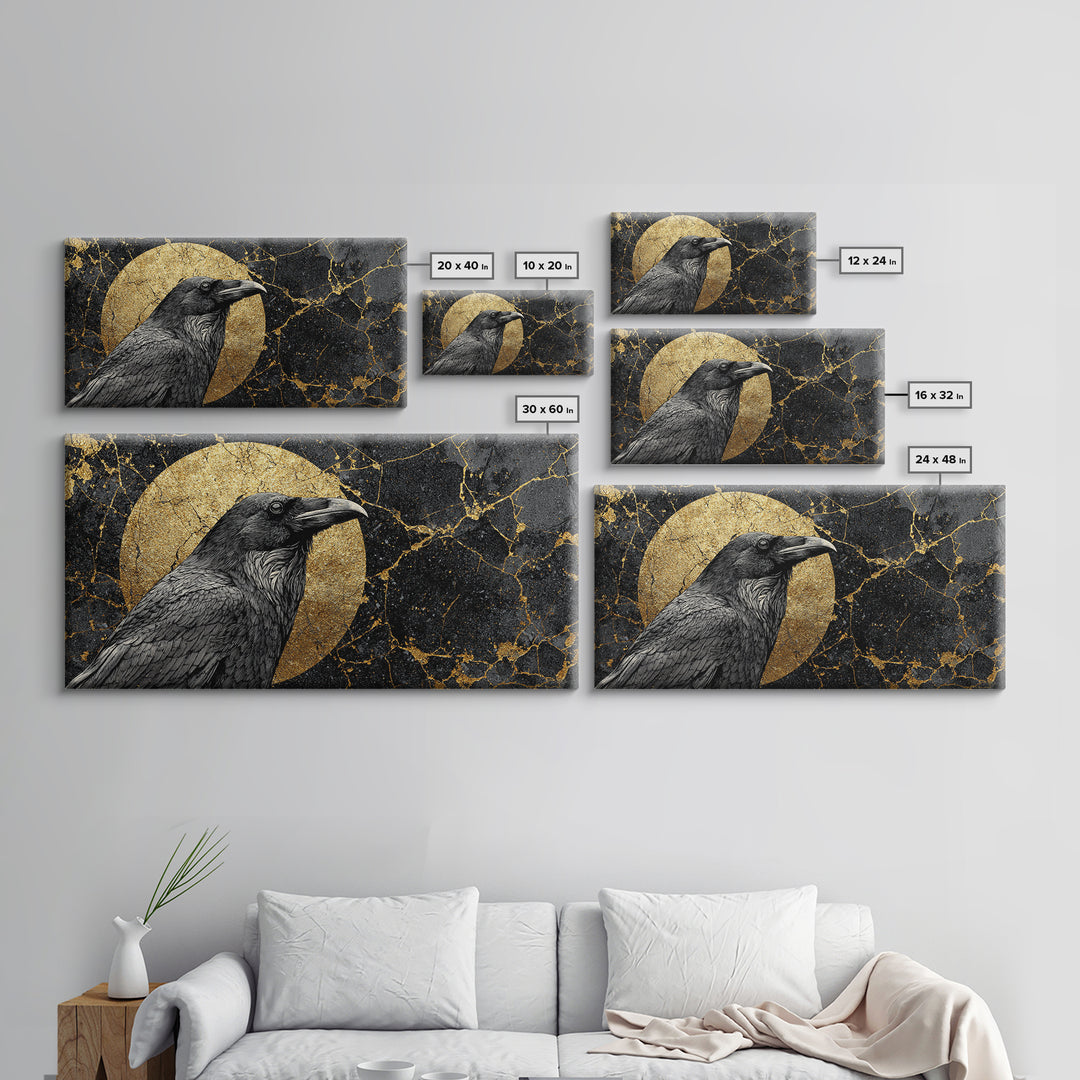 Raven Gold Canvas Print, Dark Bird Art With Lunar Circle Design, Real Wood Frame Wall Décor, Mystical Gothic Nature Artwork