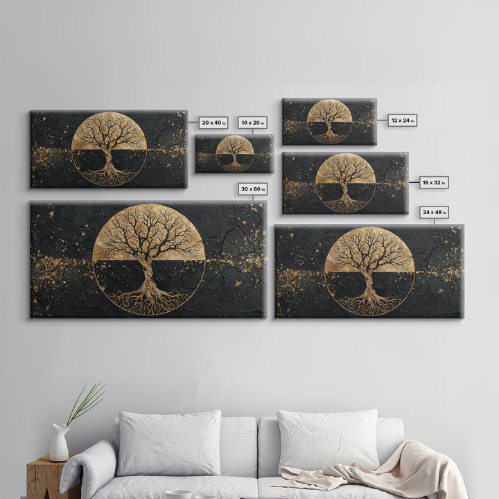 Mystical Roots Tree Gold Canvas Art, Sacred Nature Symbol Canvas Print, Real Wood Frame Wall Décor, Spiritual Mythical Decorative Artwork