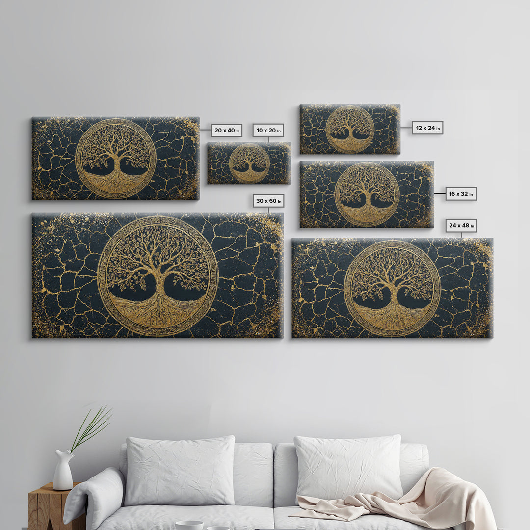 Tree Of Life Circle Gold Canvas Print, Sacred Geometry Wall Art, Norse Yggdrasil Artwork, Real Wood Frame Decor