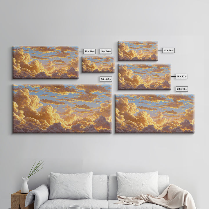 Golden Clouds Gold Canvas Art, Sky And Light Filled Cloudscape Canvas Print, Real Wood Frame Wall Décor, Dreamy Atmospheric Artwork