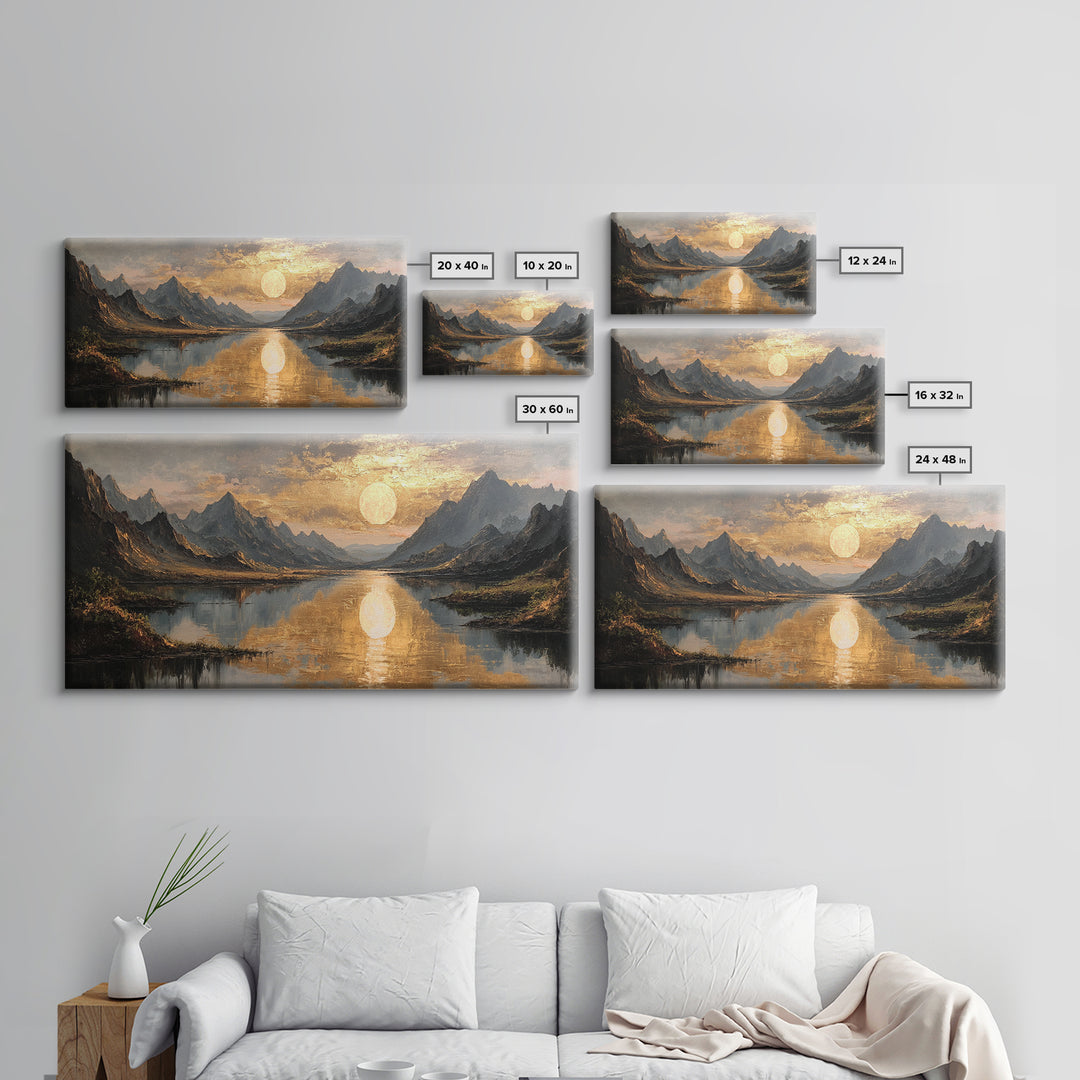 Mountain Lake Gold Canvas Print, Golden Sun Over Peaks And Reflection Art, Real Wood Frame Wall Décor, Tranquil Landscape Artwork