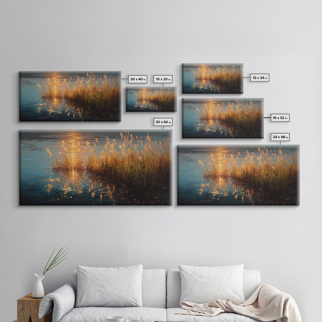Golden Reeds Gold Canvas Art, Sunset Water Reflection With Grass Canvas Print, Real Wood Frame Wall Décor, Serene Nature Inspired Artwork