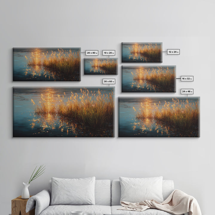 Golden Reeds Gold Canvas Art, Sunset Water Reflection With Grass Canvas Print, Real Wood Frame Wall Décor, Serene Nature Inspired Artwork