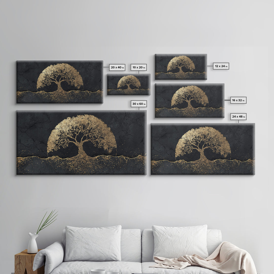 Sacred Tree Gold Canvas Art, Symbolic Roots And Branches Canvas Print, Real Wood Frame Wall Décor, Mystical Spiritual Nature Artwork