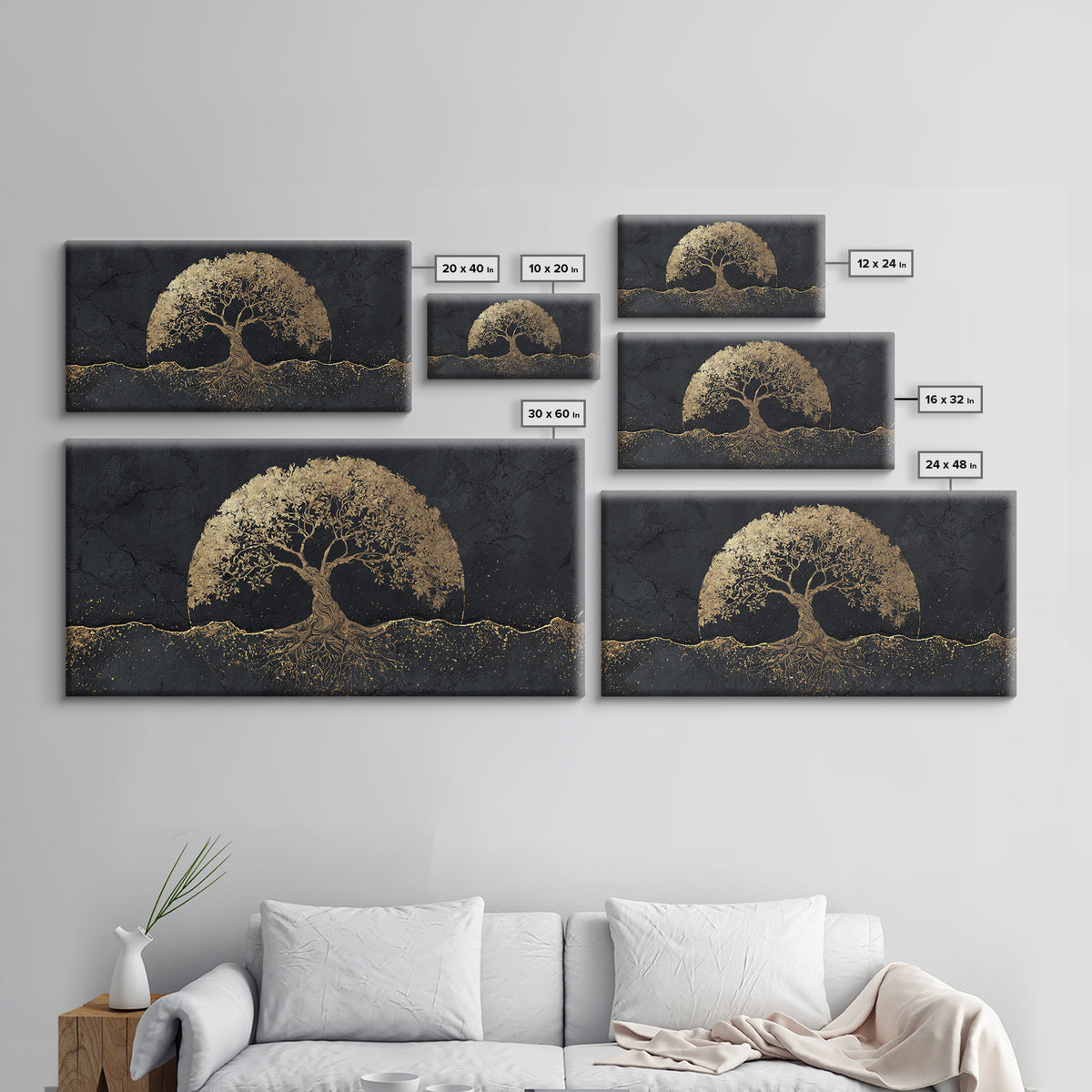 Sacred Tree Gold Canvas Art, Symbolic Roots And Branches Canvas Print, Real Wood Frame Wall Décor, Mystical Spiritual Nature Artwork