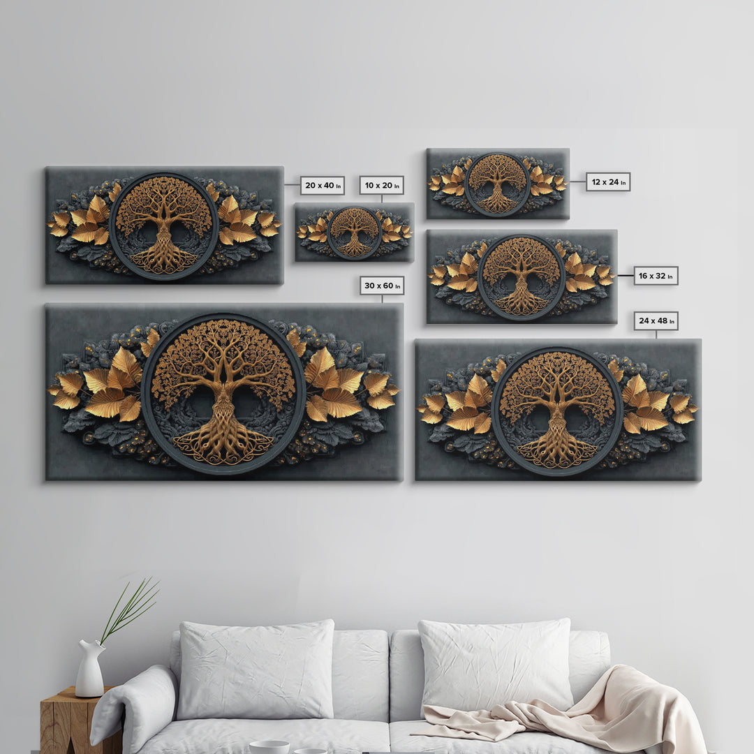 Decorative Tree Of Life Gold Canvas Art, Ornate Circle Design Canvas Print, Real Wood Frame Wall Décor, Luxurious Nature Inspired Artwork