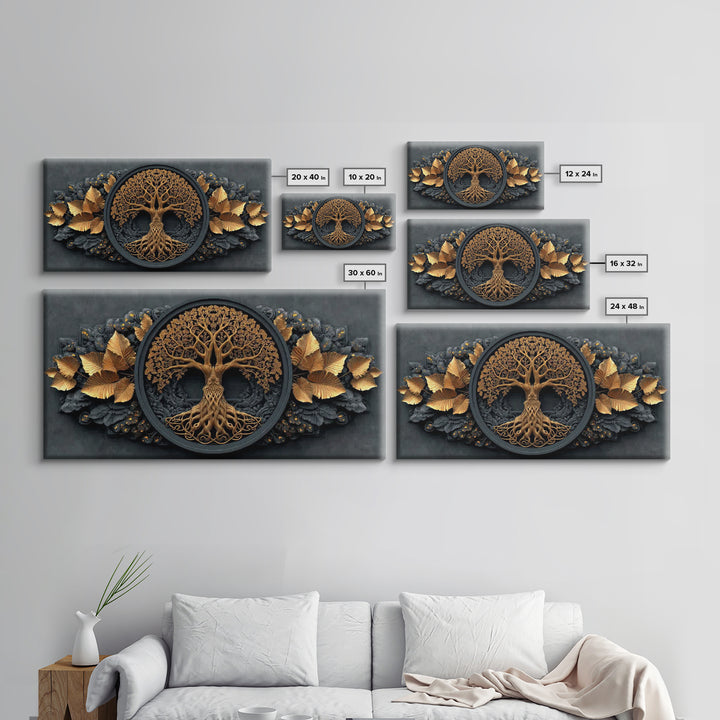 Decorative Tree Of Life Gold Canvas Art, Ornate Circle Design Canvas Print, Real Wood Frame Wall Décor, Luxurious Nature Inspired Artwork