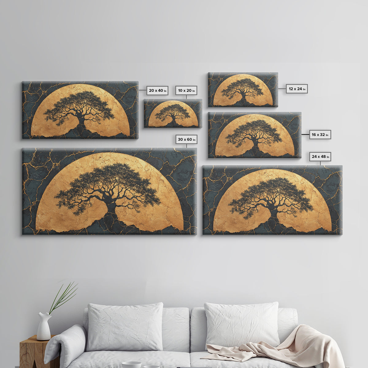Golden Horizon Tree Gold Canvas Print, Majestic Nature Symbol Artwork, Real Wood Frame Wall Décor, Sacred Celestial Inspired Art