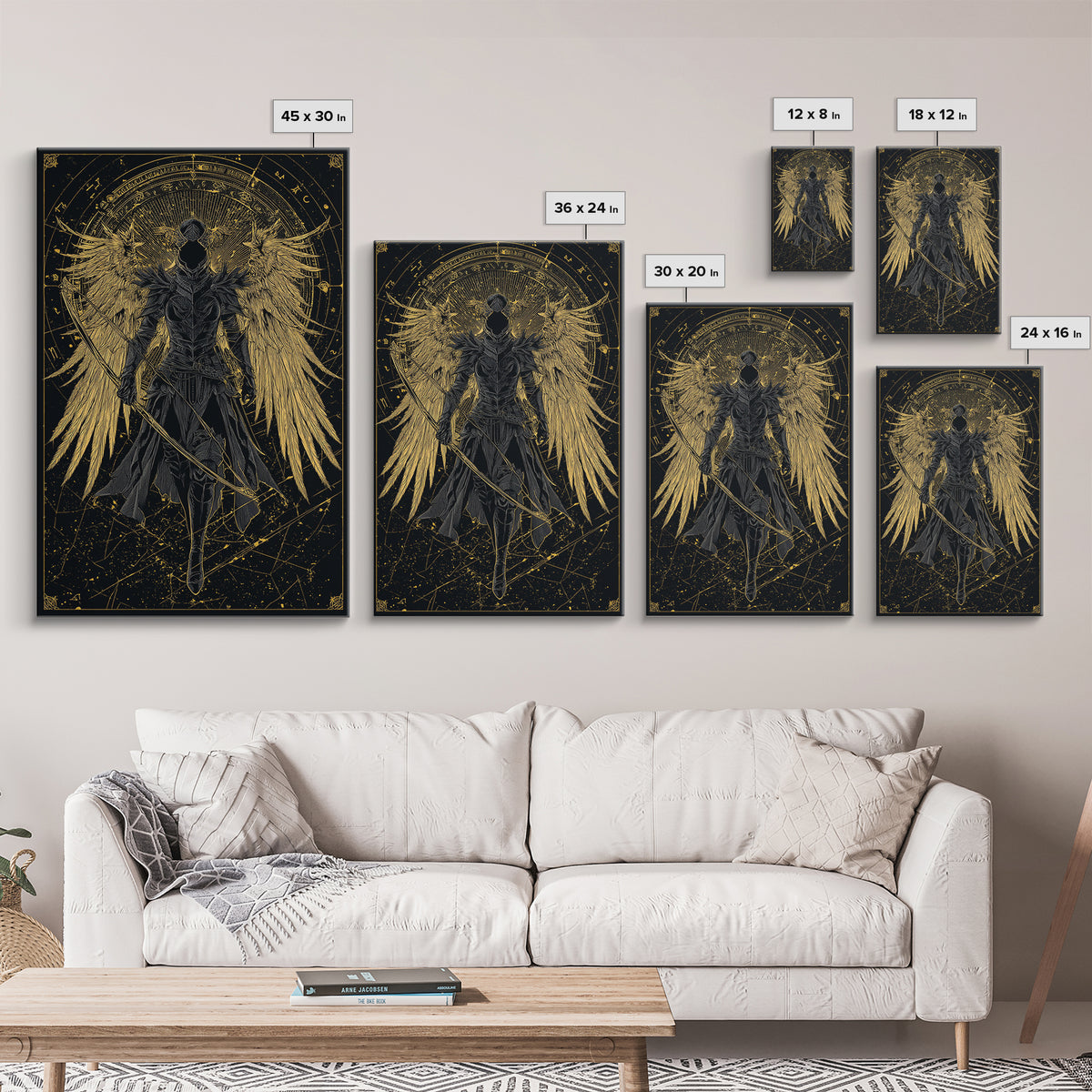 Armored Angel Gold Canvas Art, Celestial Guardian With Bow Canvas Print, Real Wood Frame Wall Décor, Mythology Warrior Artwork