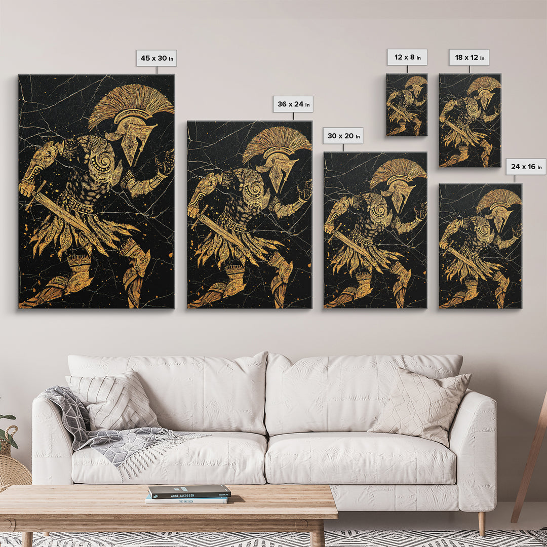 Spartan Warrior Gold Canvas Art, Ancient Soldier Canvas Print, Real Wood Frame Wall Décor, Heroic Mythology Battle Artwork