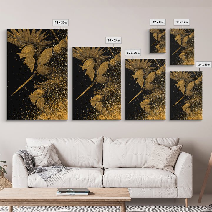 Epic Spartan Gold Canvas Art, Ancient Battle Warrior Canvas Print, Real Wood Frame Wall Décor, Heroic Mythology Statement Artwork